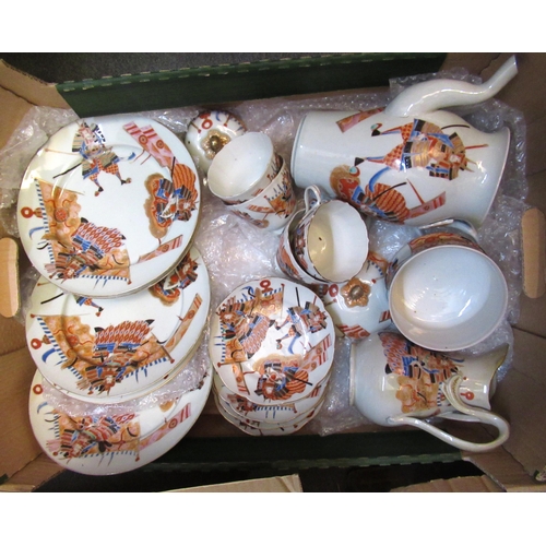 682 - Three boxes containing Japanese part coffee service, three Hirado dog of foe figures (at fault), and... 