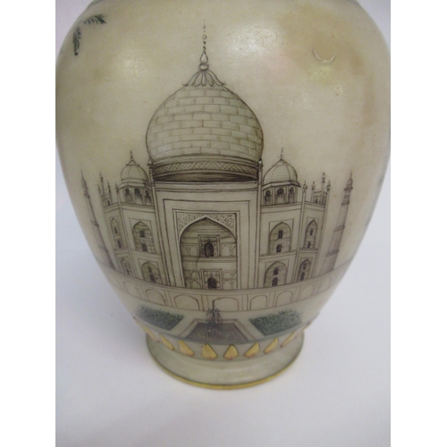 685 - 20th Century Indian style alabaster vase with painted decoration of figures in gardens and the Taj M... 