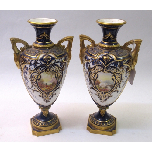 735 - Pair of Royal Worcester two handled pedestal vases painted with vignettes of game birds in landscape... 