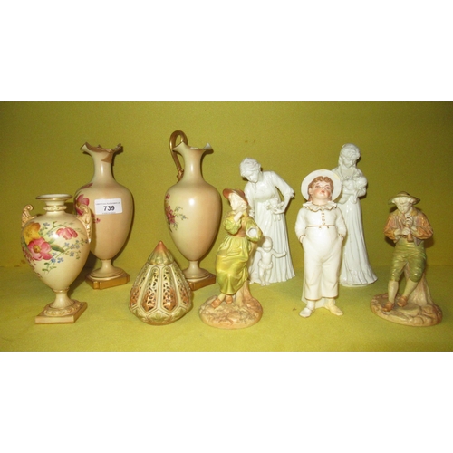 739 - Group of five various Royal Worcester figures, three Royal Worcester blush ivory vases and a pot pou... 