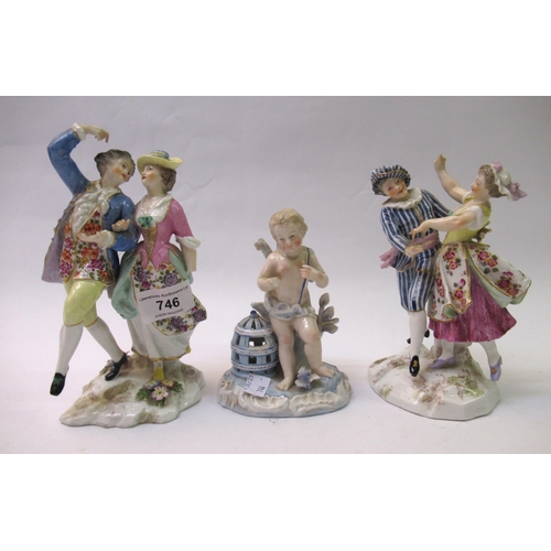 746 - Pair of German porcelain groups, figures dancing, together with another German porcelain figure of a... 