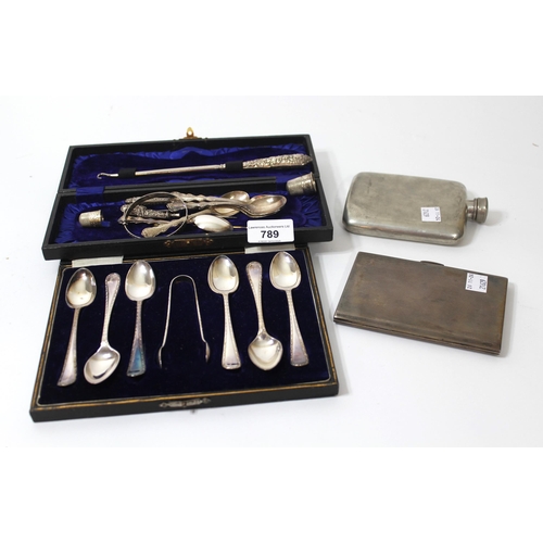 789 - Rectangular silver cigarette case, 6.5oz t, set of six sterling silver coffee spoons, cased silver h... 