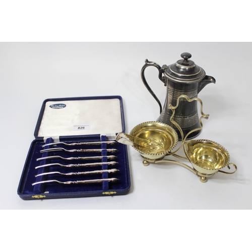 826 - Cased set of six silver handled cake forks, silver plated hot water pot and a plated cream and sugar... 