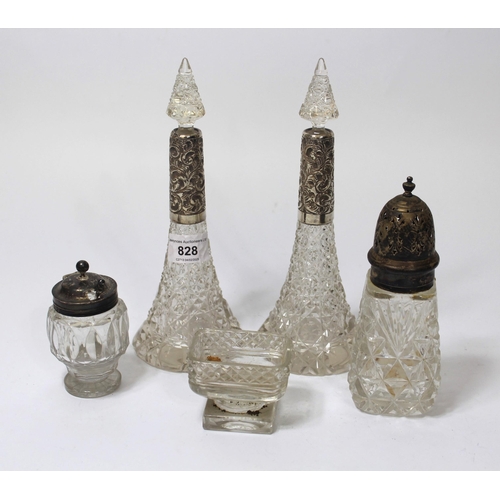 828 - Pair of silver mounted and cut glass perfume bottles with stoppers, silver mounted cut glass sugar c... 