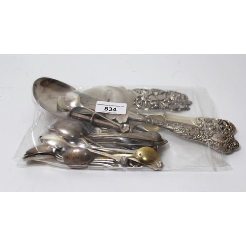 834 - Quantity of various antique and later silver tea and coffee spoons, silver handled shoe horn and two... 