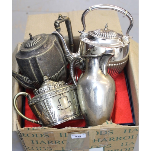 835 - Silver plated hot water pot, three plated kettles and a quanttiy of silver plated cutlery in boxes