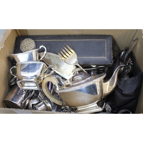 837 - Box containing a quantity of various silver plated cutlery and a three piece plated tea service etc.