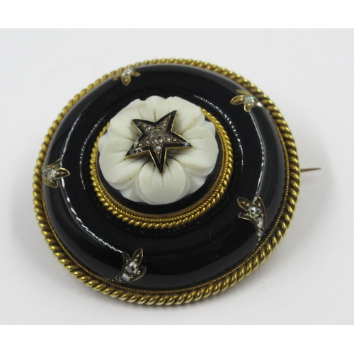 959 - 19th Century circular gold mourning brooch set rose cut diamonds, the circular carved hardstone came... 