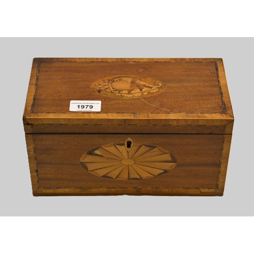 1979 - George III mahogany inlaid tea caddy (lacking interior) (at fault)