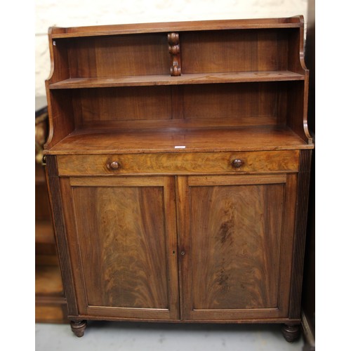 1981 - George IV mahogany chiffonier, the open shelf superstructure above a single drawer, and a pair of pa... 