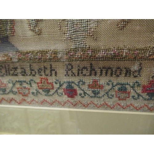 27 - William IV needlework sampler of pictorial and motto design, signed Elizabeth Richmond, age 9, May 2... 