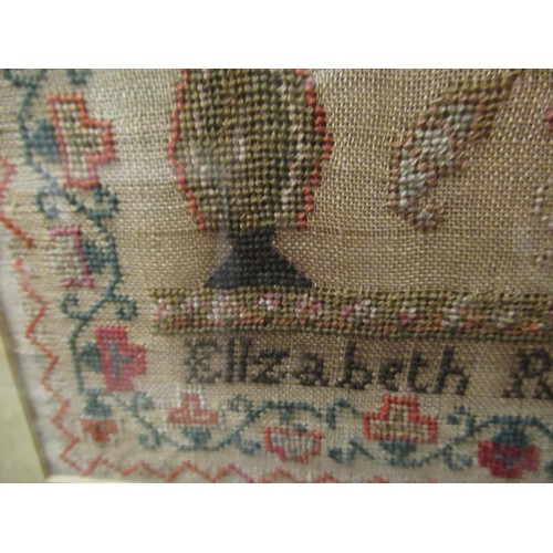 27 - William IV needlework sampler of pictorial and motto design, signed Elizabeth Richmond, age 9, May 2... 