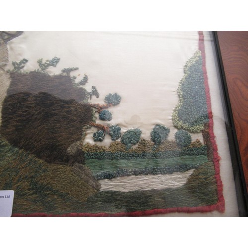 30 - 19th Century needlework and stump work panel depicting a girl with a small dog sleeping beneath a tr... 