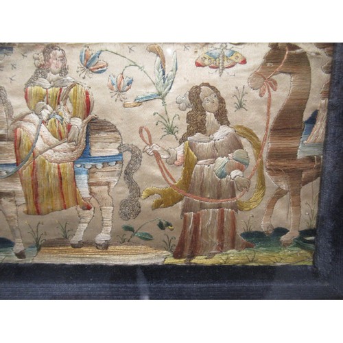 32 - Pair of Charles II silkwork panels depicting figures and animals, 14 x 21cm (formerly from a silkwor... 