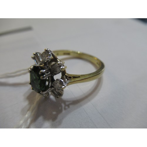 1021 - 18ct Yellow gold green tourmaline and diamond cluster ring, size M, 3.7g