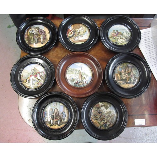 507 - Collection of thirty one 19th Century Prattware pot lids in turned wooden frames, together with a pa... 