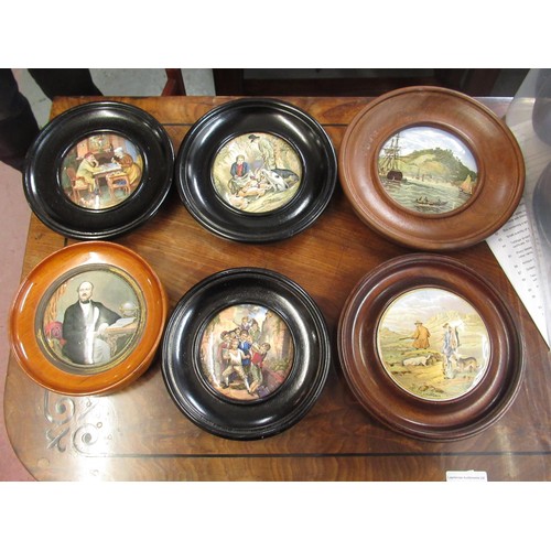 507 - Collection of thirty one 19th Century Prattware pot lids in turned wooden frames, together with a pa... 