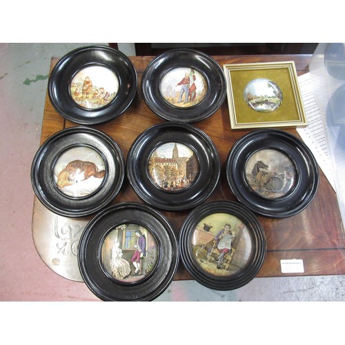 507 - Collection of thirty one 19th Century Prattware pot lids in turned wooden frames, together with a pa... 