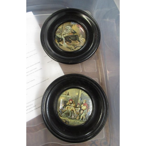 507 - Collection of thirty one 19th Century Prattware pot lids in turned wooden frames, together with a pa... 