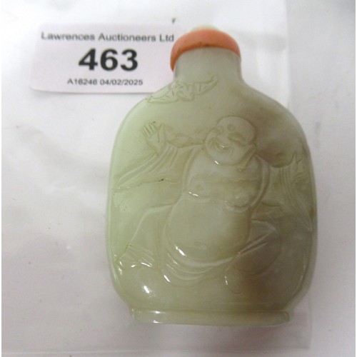 463 - Chinese pale green and russet jade snuff bottle, relief carved with a bird in foliage, with a coral ... 