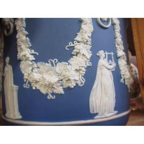 679 - Large Wedgwood blue Jasperware jardiniere decorated with classical figures, 24cm high