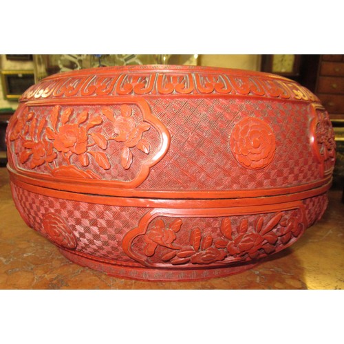 1976 - Large Chinese red cinnabar lacquer circular box and cover, decorated with figures in landscapes, 32c... 