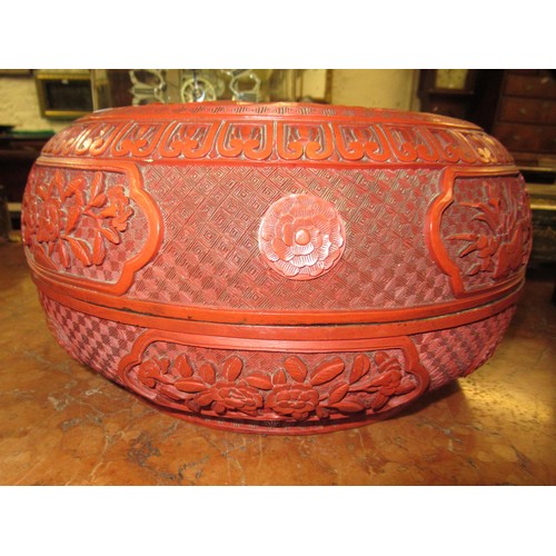 1976 - Large Chinese red cinnabar lacquer circular box and cover, decorated with figures in landscapes, 32c... 