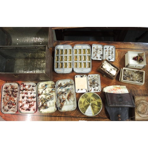 122 - Army & Navy black tin plate fly fishing lure box, together with a quantity of other boxes containing... 