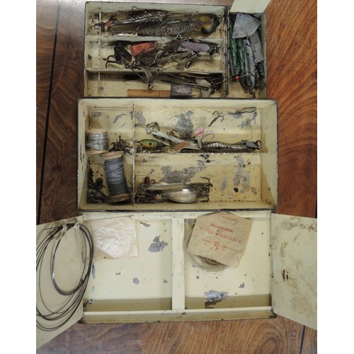 122 - Army & Navy black tin plate fly fishing lure box, together with a quantity of other boxes containing... 