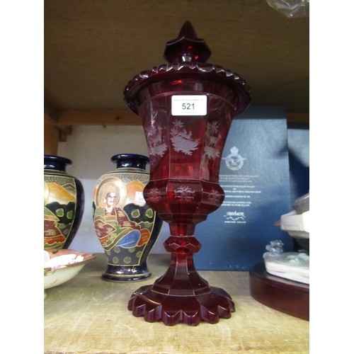 521 - 19th Century Bohemian red etched glass goblet and cover, 38cm high (at fault)