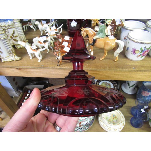 521 - 19th Century Bohemian red etched glass goblet and cover, 38cm high (at fault)