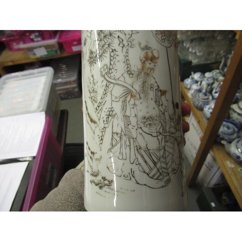 705 - Pair of Chinese Republic period cylindrical vases decorated in monochrome with figures in a landscap... 