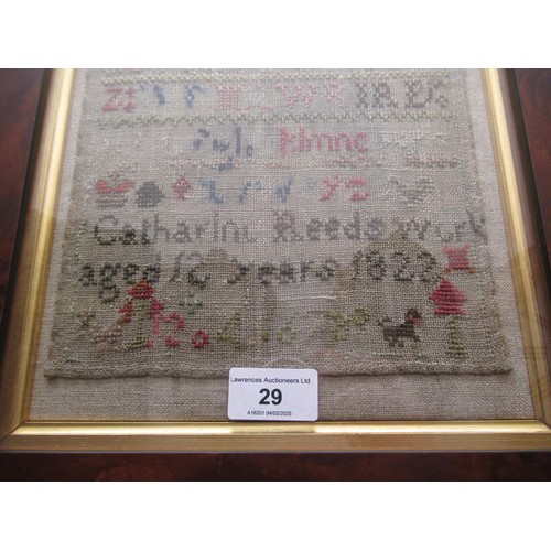 29 - Small George IV needlework sampler of alphabet design, signed Catharine Reed, 1822, 20cm square, in ... 