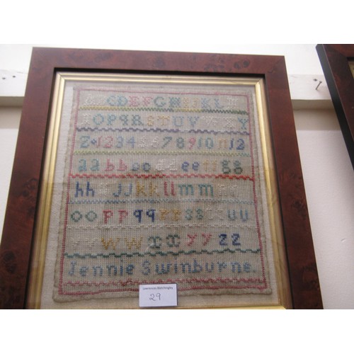 29 - Small George IV needlework sampler of alphabet design, signed Catharine Reed, 1822, 20cm square, in ... 