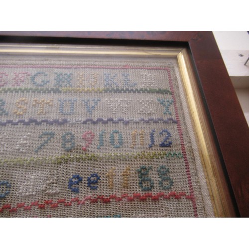 29 - Small George IV needlework sampler of alphabet design, signed Catharine Reed, 1822, 20cm square, in ... 