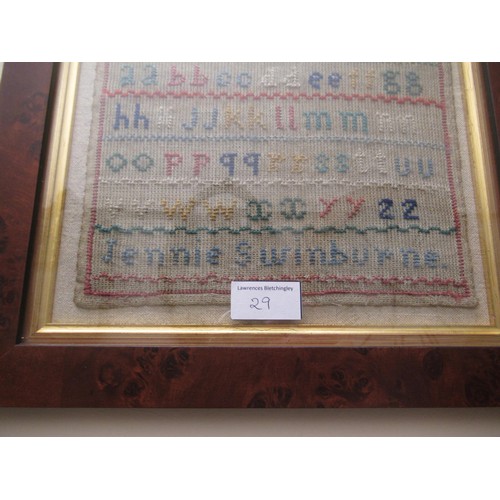 29 - Small George IV needlework sampler of alphabet design, signed Catharine Reed, 1822, 20cm square, in ... 