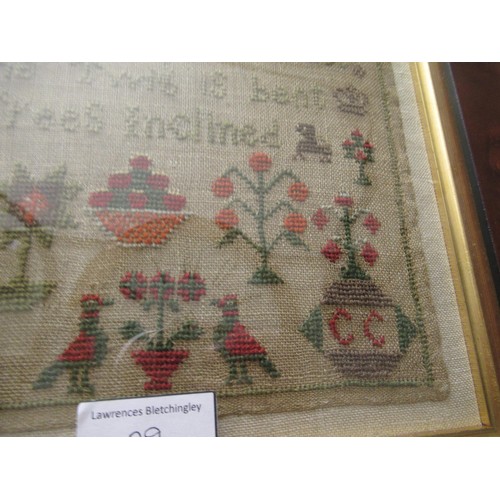 29 - Small George IV needlework sampler of alphabet design, signed Catharine Reed, 1822, 20cm square, in ... 