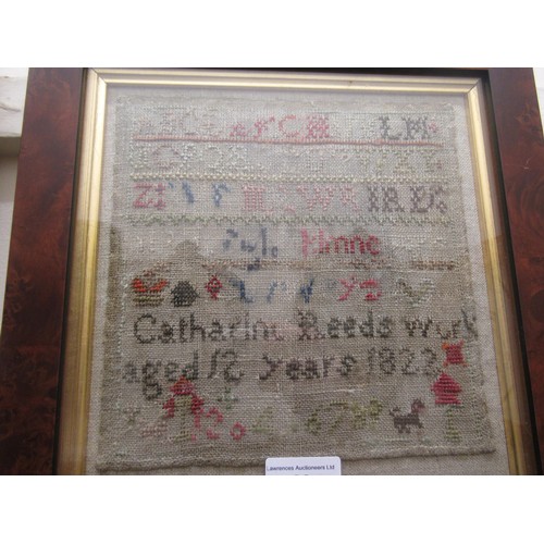 29 - Small George IV needlework sampler of alphabet design, signed Catharine Reed, 1822, 20cm square, in ... 