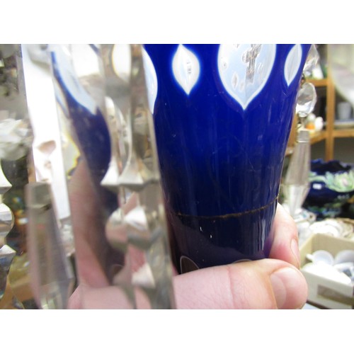 602 - Pair of blue overlay glass lustres, 31cm high (at fault), together with a similar green glass lustre... 