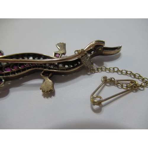 1001 - Unmarked yellow and white metal lizard brooch set rose cut diamonds and pink rubies, 5.5cm long, 6.5... 