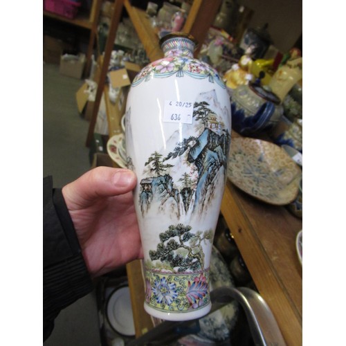 636 - Modern Chinese eggshell porcelain baluster form vase decorated with buildings in a mountainous lands... 