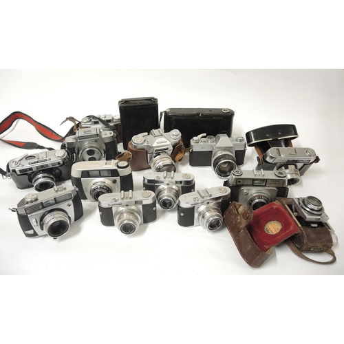 132 - Box containing collection of various 35mm film cameras by Voigtlander, Mamiya, and others