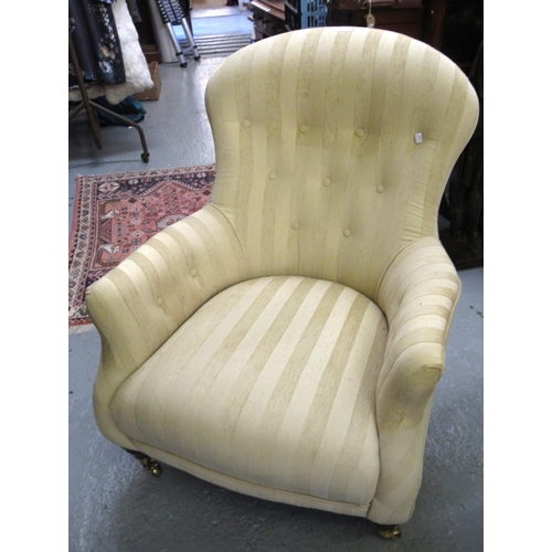 1535 - Pair of good quality Victorian style button upholstered drawing room chairs, covered in a gold strip... 