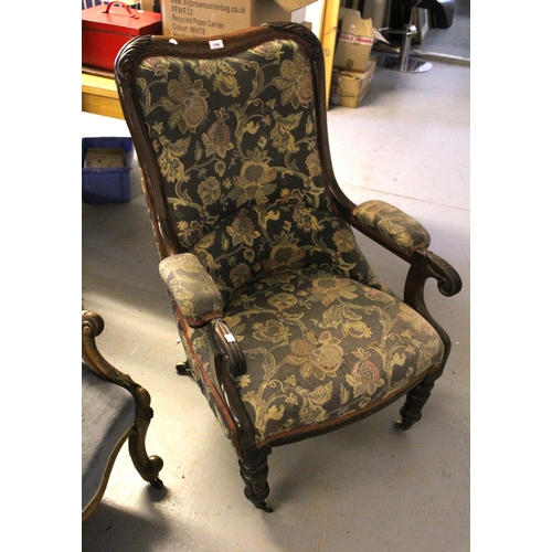 1596 - Victorian carved mahogany open arm library chair, with floral upholstery, carved frame, scroll arms ... 