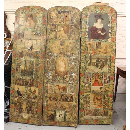 1599 - Victorian double sided three panel scrap screen (at fault), each panel 184 x 53cm