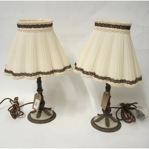 174 - Pair of brass and alabaster table lamps with shades, together with a canvas mannequin head