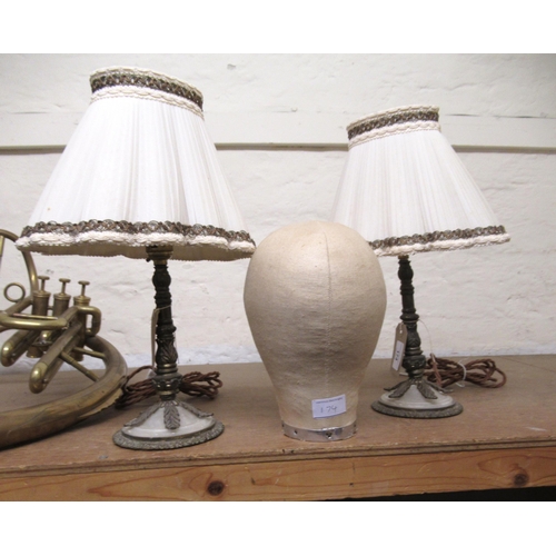 174 - Pair of brass and alabaster table lamps with shades, together with a canvas mannequin head