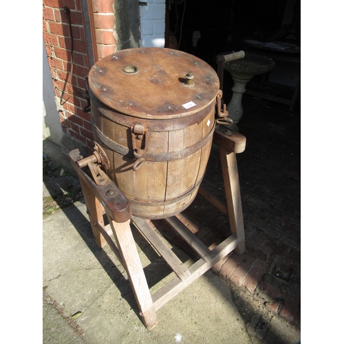 1762 - Victorian oak butter churn having iron side mounts cast for Leeds Waide & Sons Ltd, the barrel raise... 