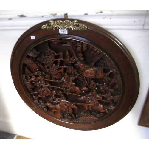 1780 - Chinese circular wall plaque carved with warriors, 76cm diameter