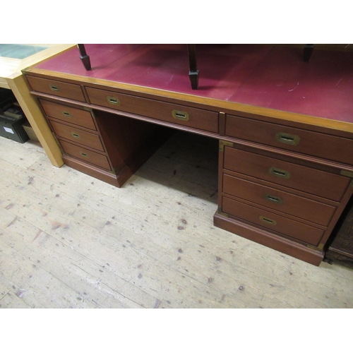 1787 - 20th Century teak military style twin pedestal desk with brass mounts, 183 x 76 x 76cm